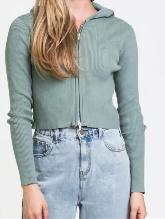 Harlow Jackets & Blazers - Harlow Cropped Ribbed Zip-Up Hoodie in Sage Green